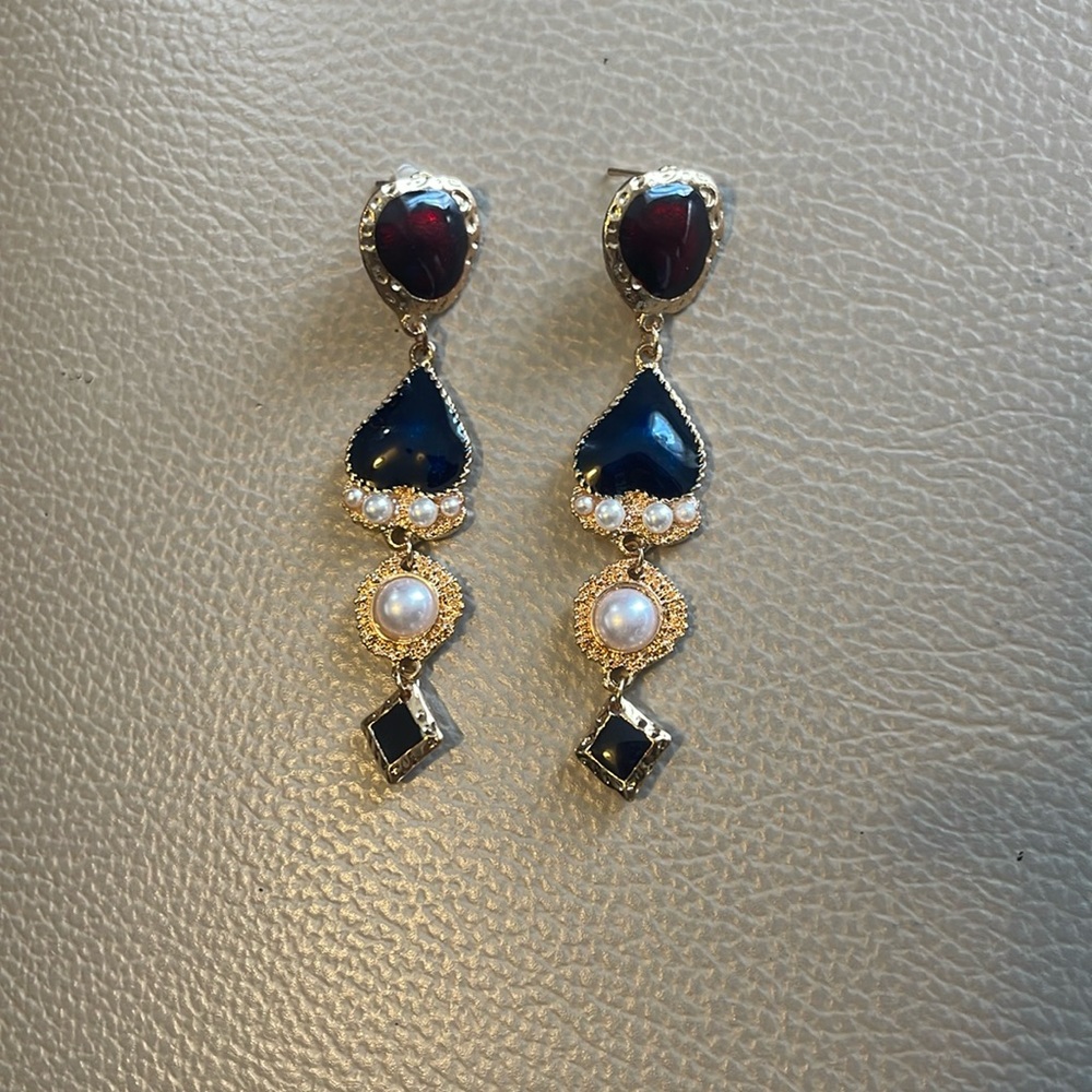 Gold, maroon and blue heart pearls drop earrings